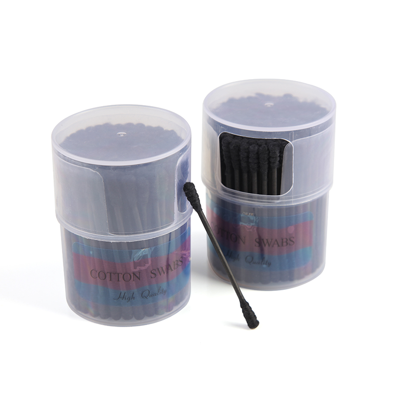 Kozmetikai kétvégű fekete pamut tampon dobozzal 